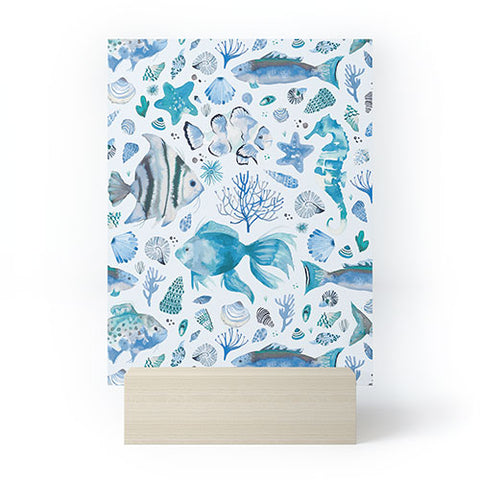 Ninola Design Fishes Shells Sea Horse Ocean Coastal Marine Blue Mini Art Print