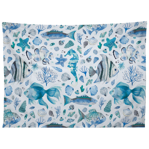 Ninola Design Fishes Shells Sea Horse Ocean Coastal Marine Blue Tapestry