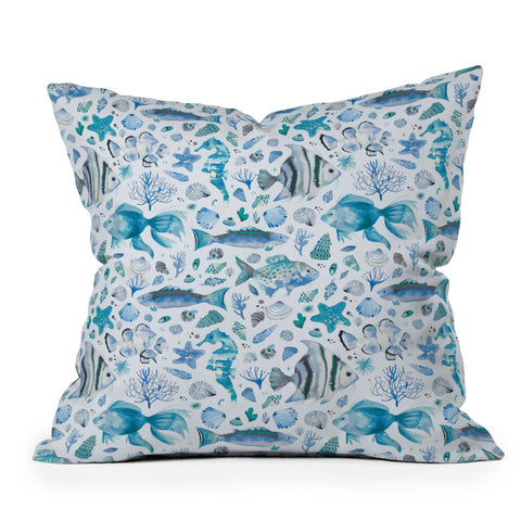 Ninola Design Fishes Shells Sea Horse Ocean Coastal Marine Blue Outdoor Throw Pillow