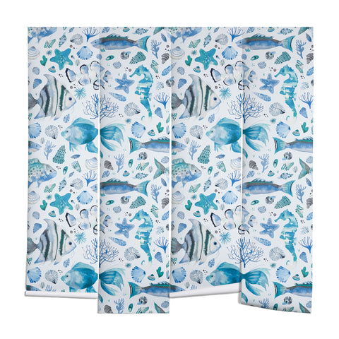 Ninola Design Fishes Shells Sea Horse Ocean Coastal Marine Blue Wall Mural