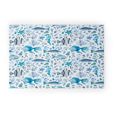 Ninola Design Fishes Shells Sea Horse Ocean Coastal Marine Blue Welcome Mat