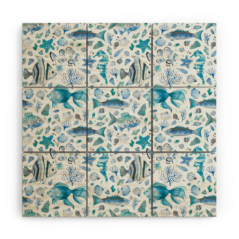 Ninola Design Fishes Shells Sea Horse Ocean Coastal Marine Blue Wood Wall Mural