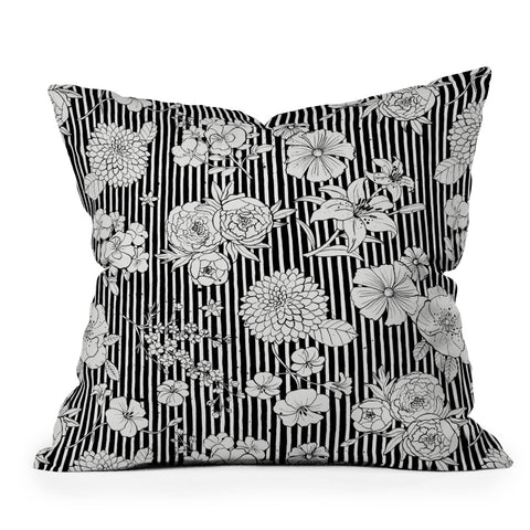 Ninola Design Flowers and stripes Black White Outdoor Throw Pillow