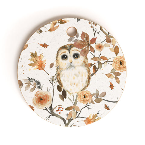 Ninola Design Forest Owls Trees Gold Cutting Board Round