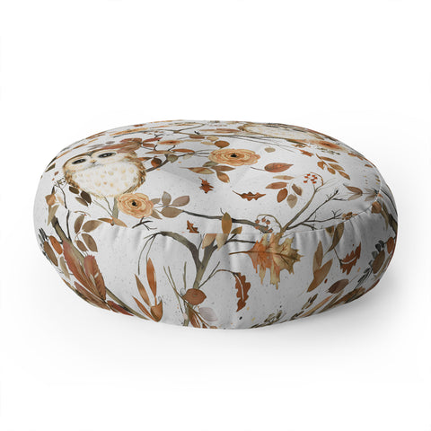 Ninola Design Forest Owls Trees Gold Floor Pillow Round