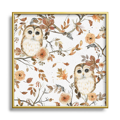 Ninola Design Forest Owls Trees Gold Square Metal Framed Art Print