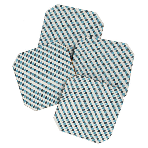 Ninola Design Geometric Watercolor Blue Navy Checkered Tiles Coaster Set