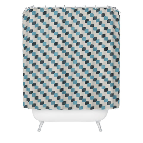 Ninola Design Geometric Watercolor Blue Navy Checkered Tiles Shower Curtain