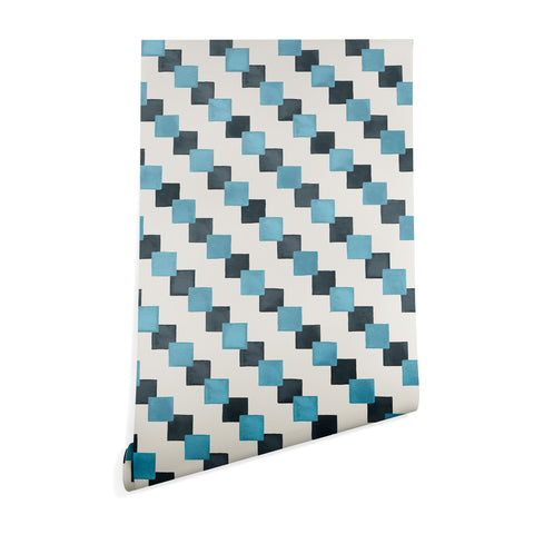 Ninola Design Geometric Watercolor Blue Navy Checkered Tiles Wallpaper