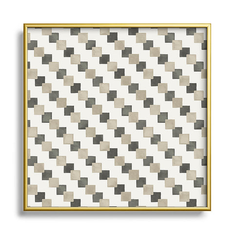 Ninola Design Geometric Watercolor Gold Brown Checkered Tiles Square Metal Framed Art Print
