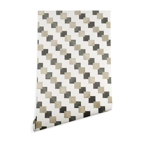 Ninola Design Geometric Watercolor Gold Brown Checkered Tiles Wallpaper
