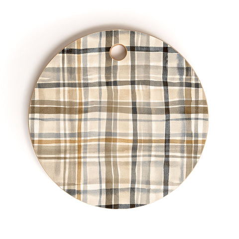 Ninola Design Gingham Watercolor Stripes Gold Cutting Board Round