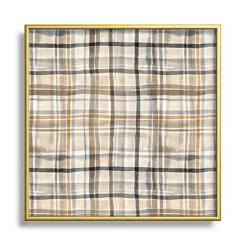Ninola Design Gingham Watercolor Stripes Gold Square Metal Framed Art Print