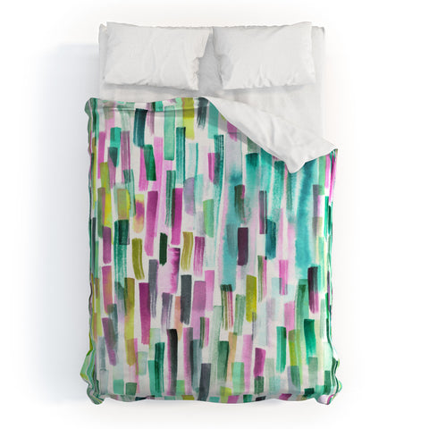 Ninola Design Green Modern Brushstrokes Nature Stripes Duvet Cover