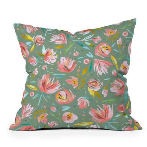 Ninola Design Green peonies festival floral Outdoor Throw Pillow
