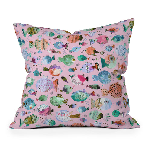 Ninola Design Happy Colorful Fishes Pink Outdoor Throw Pillow
