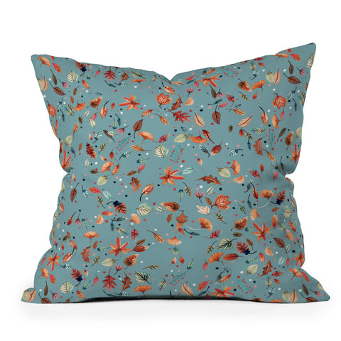 Ninola Design Little Autumn Leaves Blue Outdoor Throw Pillow