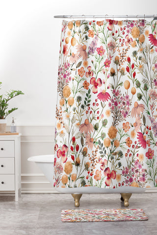 Ninola Design Meadow Perennial Botanical Red Shower Curtain And Mat