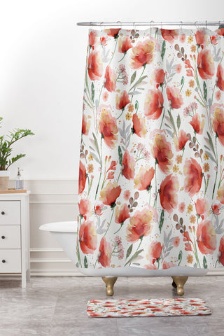 Ninola Design Meadow Poppies Perennial Red Shower Curtain And Mat