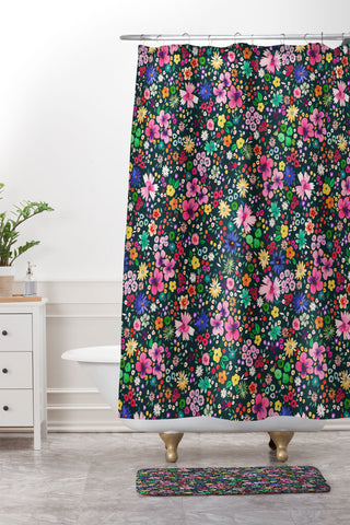 Ninola Design Millefleurs Multicolor Black Shower Curtain And Mat