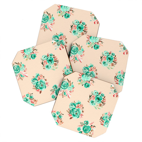 Ninola Design Mint sweet roses bouquets watercolor Coaster Set