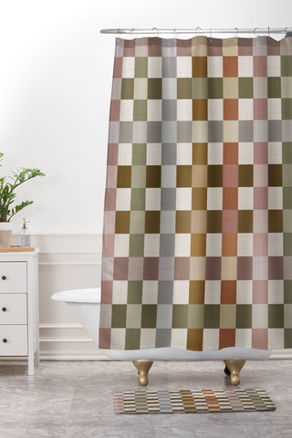 Ninola Design Multicolored Checker Natural Shower Curtain And Mat