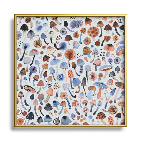 Ninola Design Mushrooms Nature Forest Blue Square Metal Framed Art Print