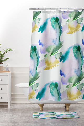 Ninola Design Natural Haze Abstract Landscape Lilac Green Shower Curtain And Mat