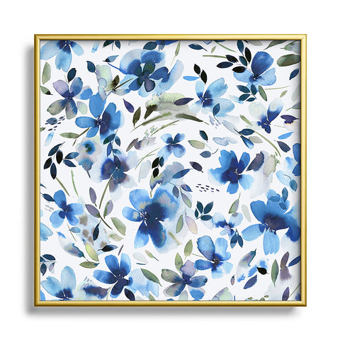 Ninola Design Natural Haze Aquatic Summer Flowers Cobalt Square Metal Framed Art Print