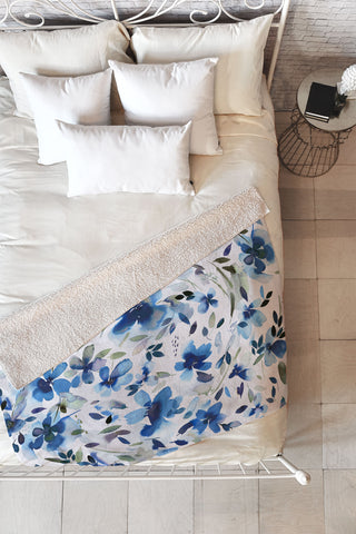 Ninola Design Natural Haze Aquatic Summer Flowers Cobalt Fleece Throw Blanket