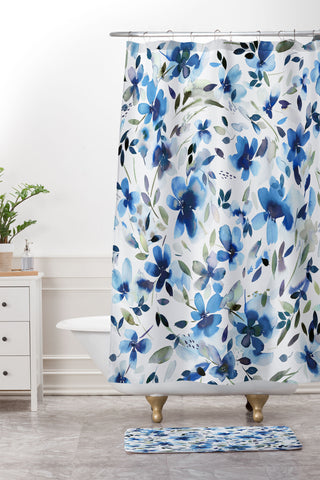 Ninola Design Natural Haze Aquatic Summer Flowers Cobalt Shower Curtain And Mat