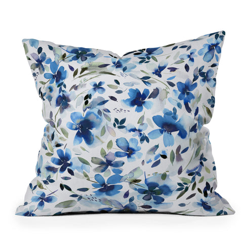 Ninola Design Natural Haze Aquatic Summer Flowers Cobalt Outdoor Throw Pillow