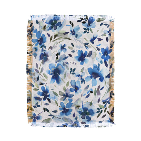 Ninola Design Natural Haze Aquatic Summer Flowers Cobalt Throw Blanket