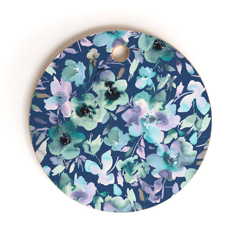 Ninola Design Natural Haze Artistic Summer Floral Blue Cutting Board Round