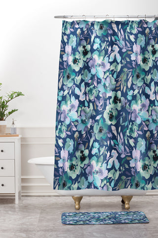 Ninola Design Natural Haze Artistic Summer Floral Blue Shower Curtain And Mat