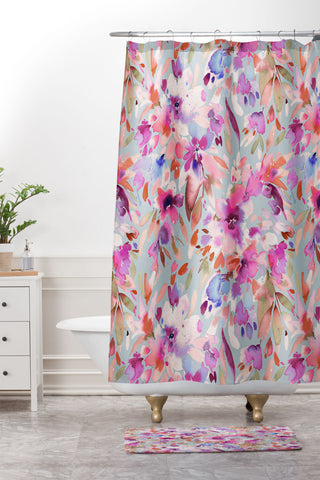 Ninola Design Natural Haze Painterly Tropical Flowers II Shower Curtain And Mat