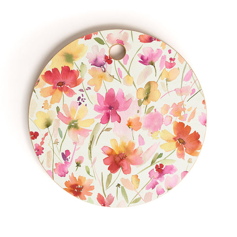 Ninola Design Natural Haze Spring Cosmos Wildflowers III Cutting Board Round