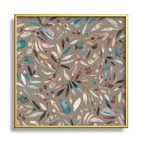 Ninola Design Nature Botanical Leaves Fall Brown Square Metal Framed Art Print