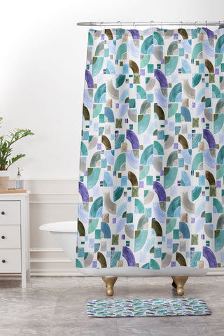 Ninola Design Retro Fusion Geometry Blue Shower Curtain And Mat