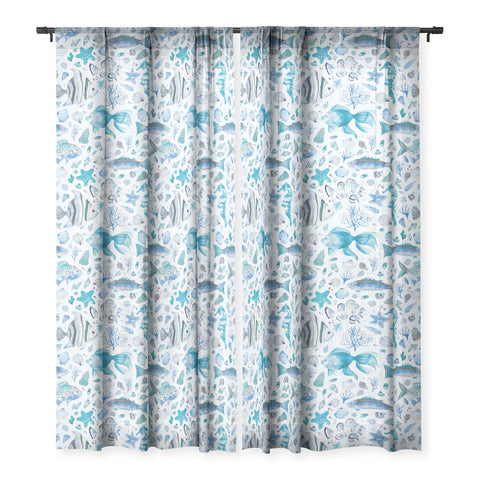 Ninola Design Sea Fishes Shells Aqua Sheer Window Curtain
