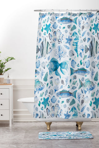 Ninola Design Sea Fishes Shells Aqua Shower Curtain And Mat