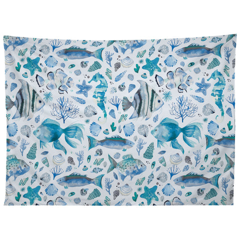 Ninola Design Sea Fishes Shells Aqua Tapestry