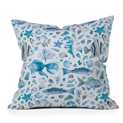 Ninola Design Sea Fishes Shells Aqua Outdoor Throw Pillow