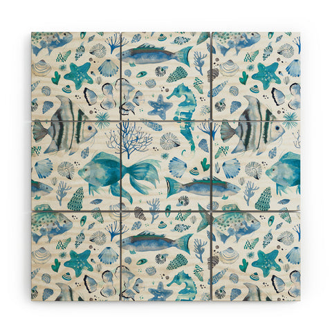 Ninola Design Sea Fishes Shells Aqua Wood Wall Mural