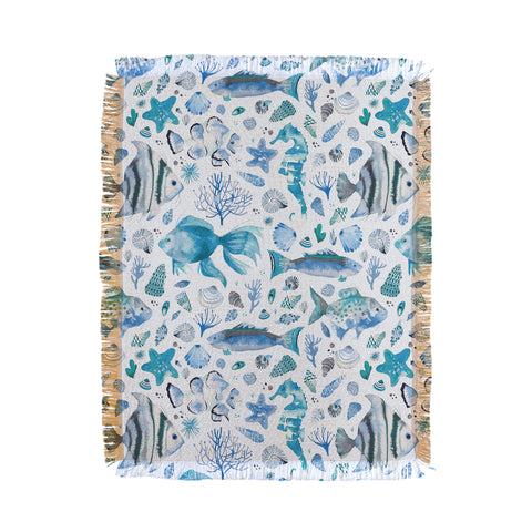 Ninola Design Sea Fishes Shells Aqua Throw Blanket