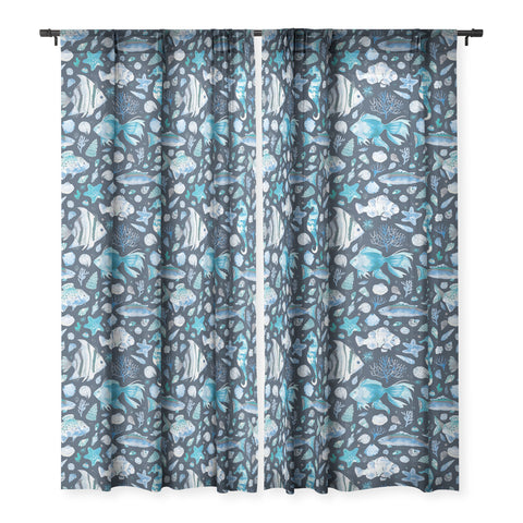 Ninola Design Sea Fishes Shells Blue Sheer Window Curtain