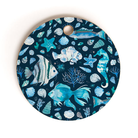 Ninola Design Sea Fishes Shells Blue Cutting Board Round
