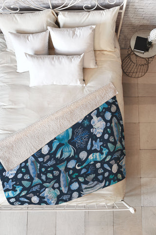 Ninola Design Sea Fishes Shells Blue Fleece Throw Blanket