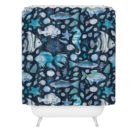 Ninola Design Sea Fishes Shells Blue Shower Curtain