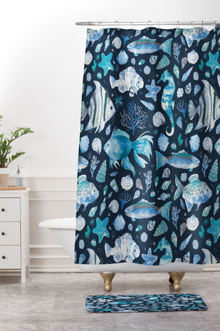 Ninola Design Sea Fishes Shells Blue Shower Curtain And Mat